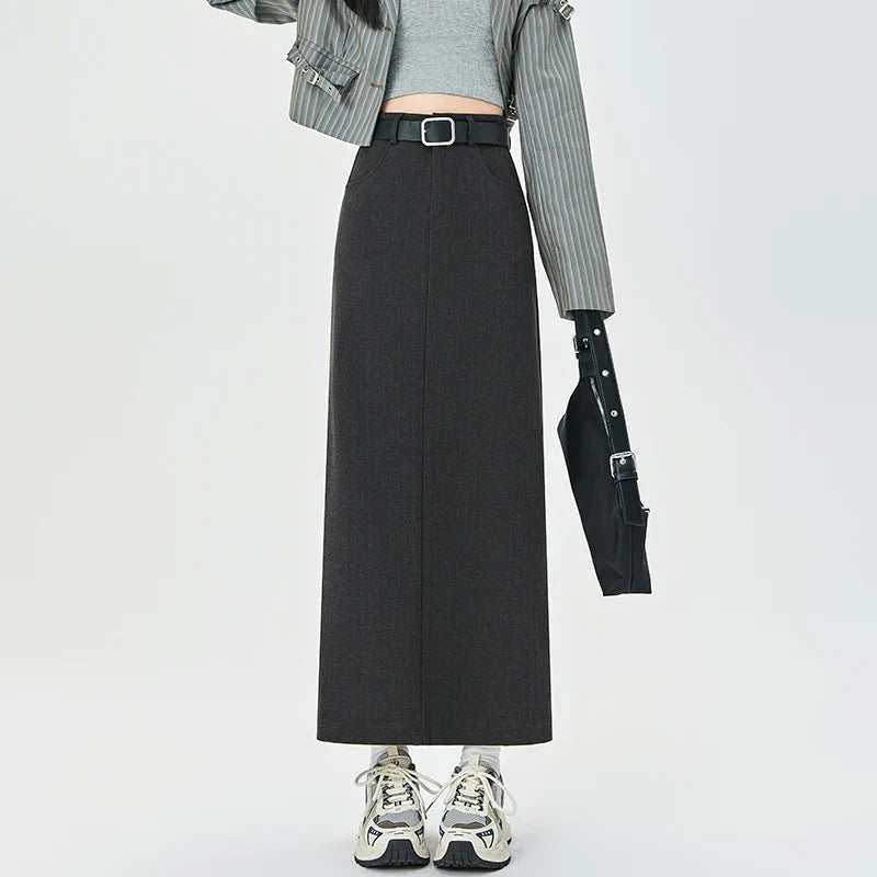 Wool Blend Long High Waist Elegant A-line Skirt