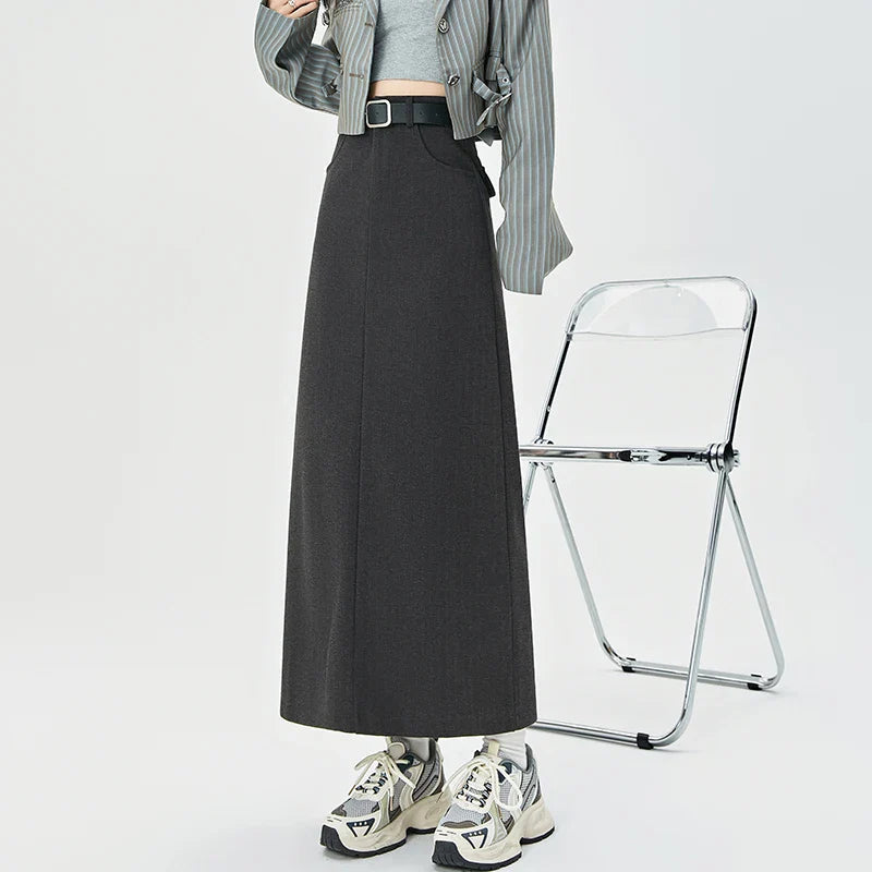 Wool Blend Long High Waist Elegant A-line Skirt
