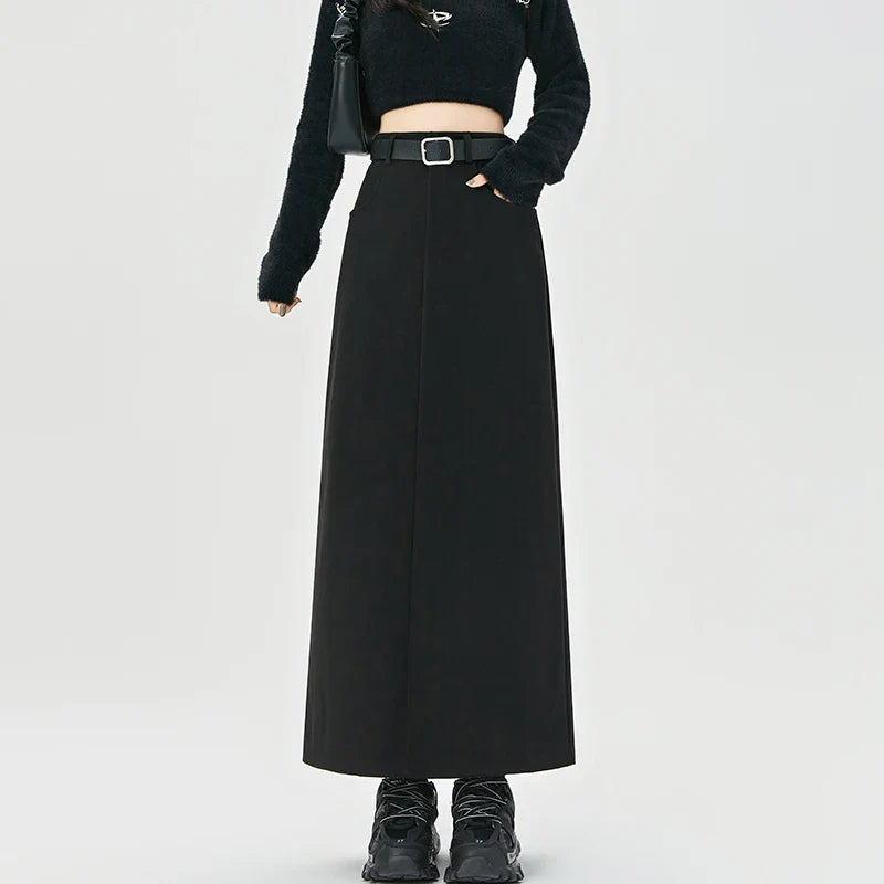 Wool Blend Long High Waist Elegant A-line Skirt