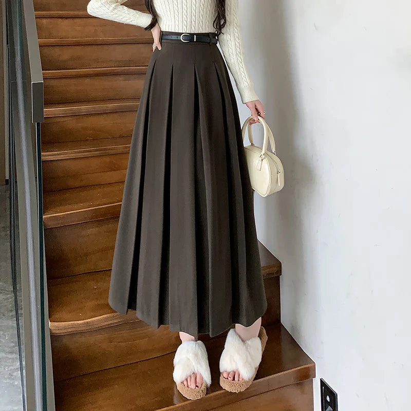 Autumn Winter Woolen Long High Waist Pleated Skirt
