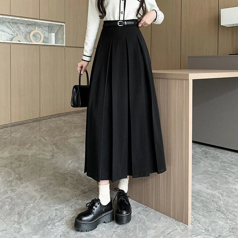 Autumn Winter Woolen Long High Waist Pleated Skirt