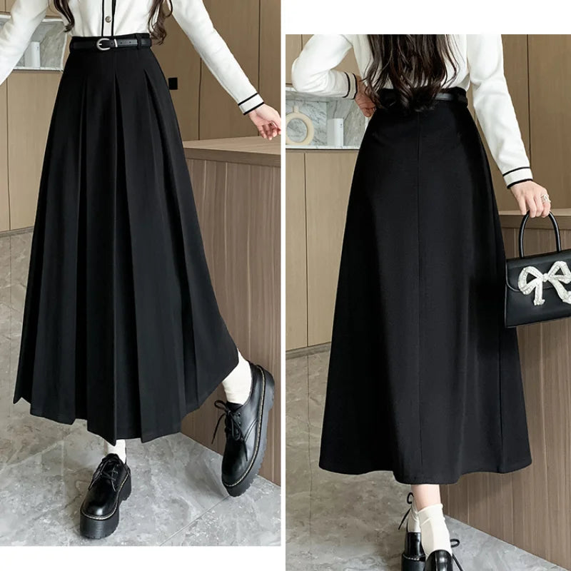 Autumn Winter Woolen Long High Waist Pleated Skirt