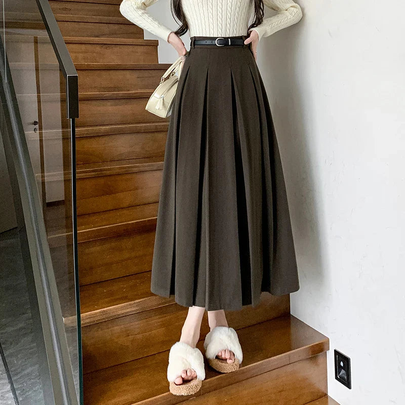Autumn Winter Woolen Long High Waist Pleated Skirt