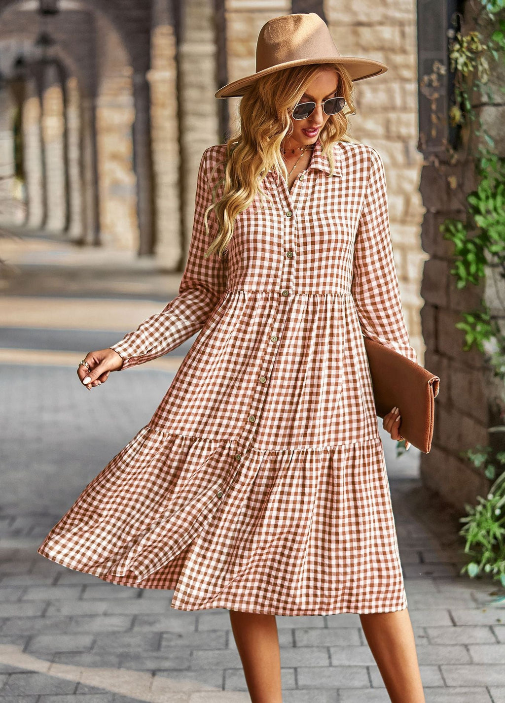 Plaid Long Sleeve Shirt Style Midi Dress
