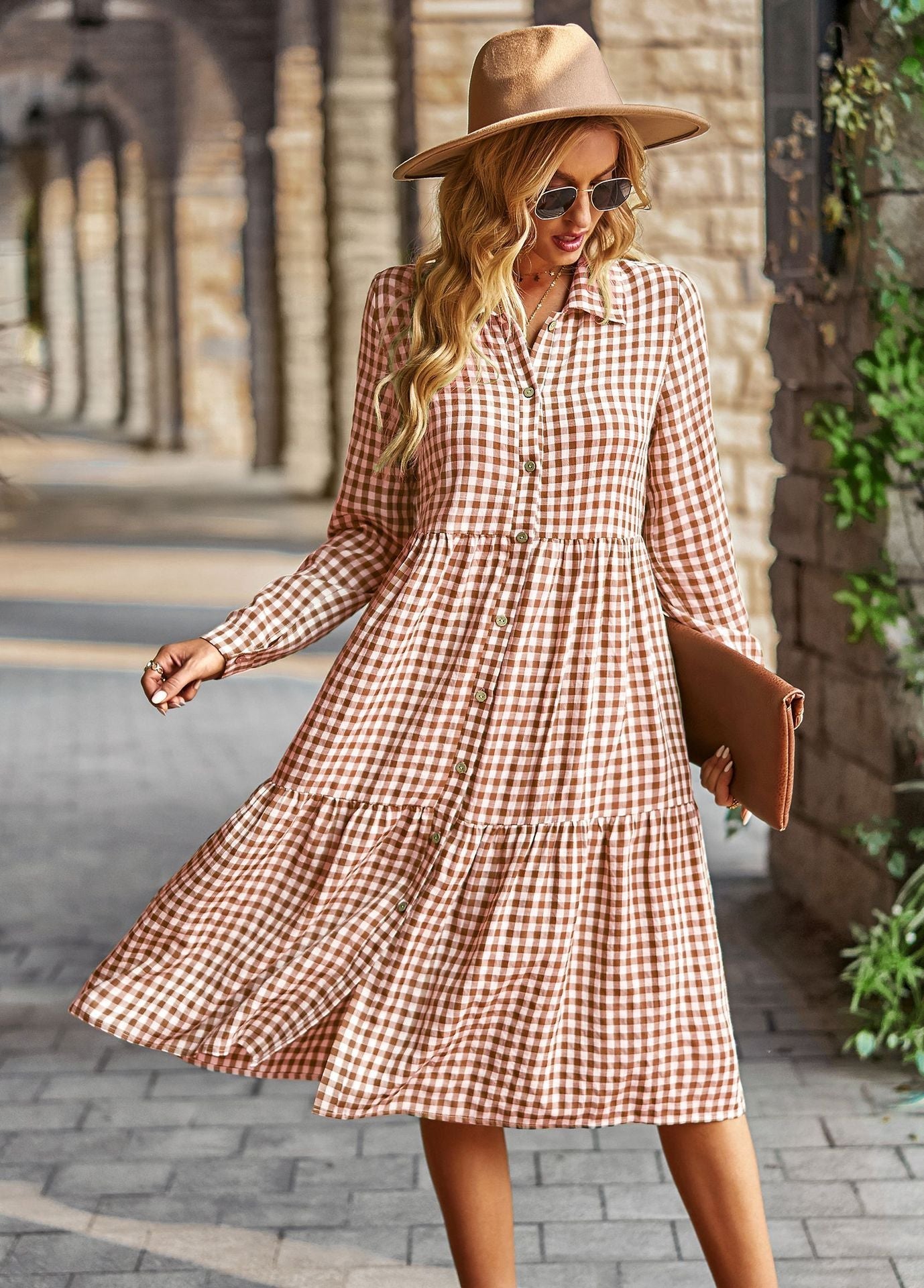 Plaid Long Sleeve Shirt Style Midi Dress
