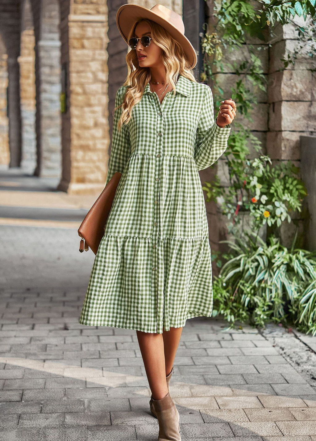 Plaid Long Sleeve Shirt Style Midi Dress