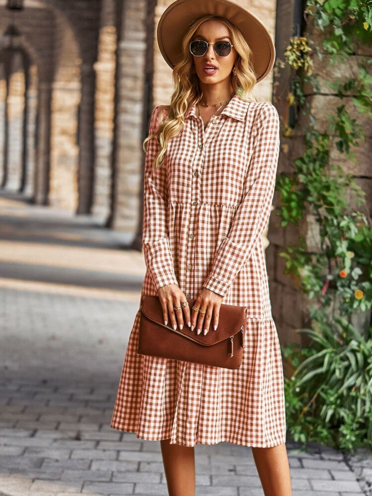 Plaid Long Sleeve Shirt Style Midi Dress