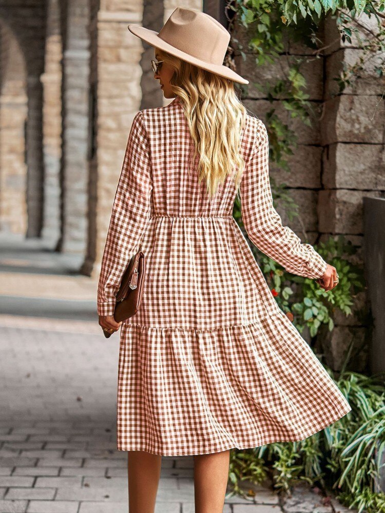 Plaid Long Sleeve Shirt Style Midi Dress