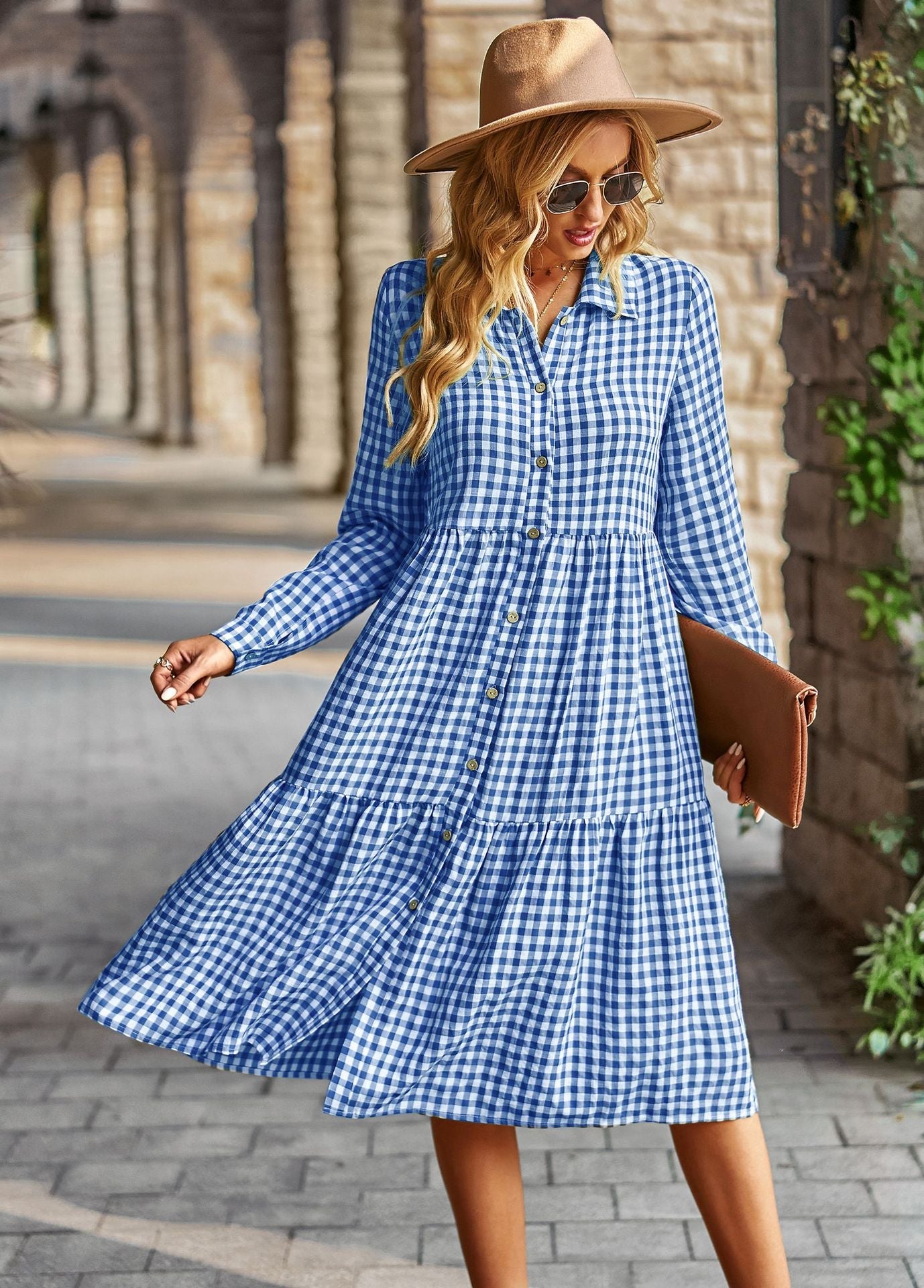 Plaid Long Sleeve Shirt Style Midi Dress