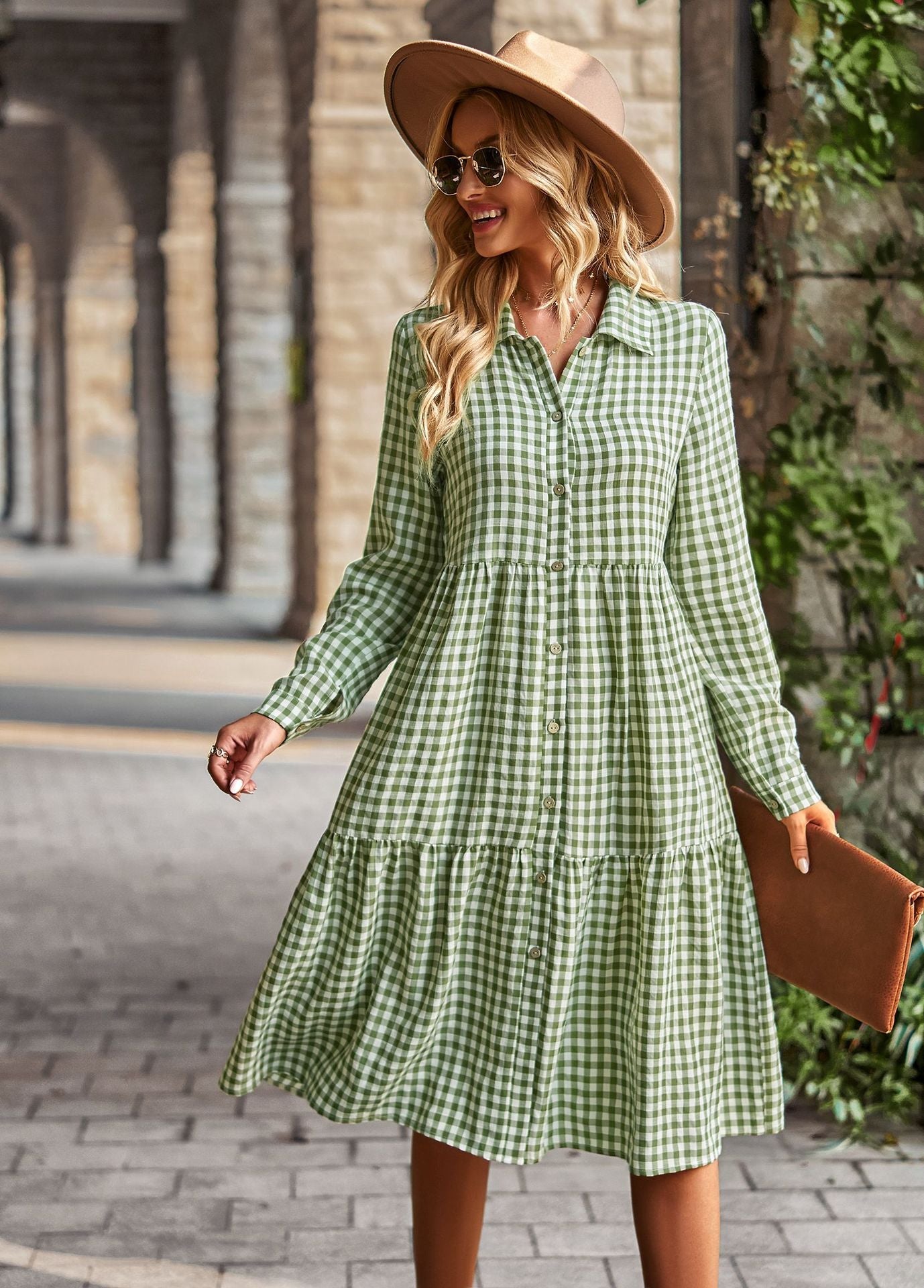 Plaid Long Sleeve Shirt Style Midi Dress