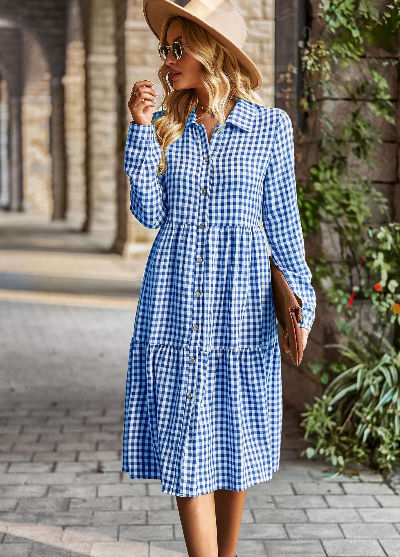 Plaid Long Sleeve Shirt Style Midi Dress