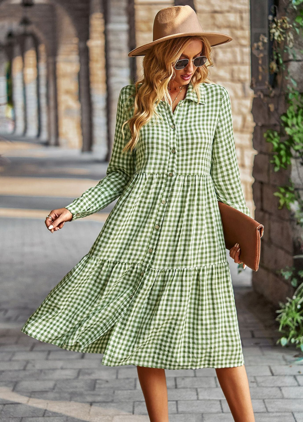 Plaid Long Sleeve Shirt Style Midi Dress