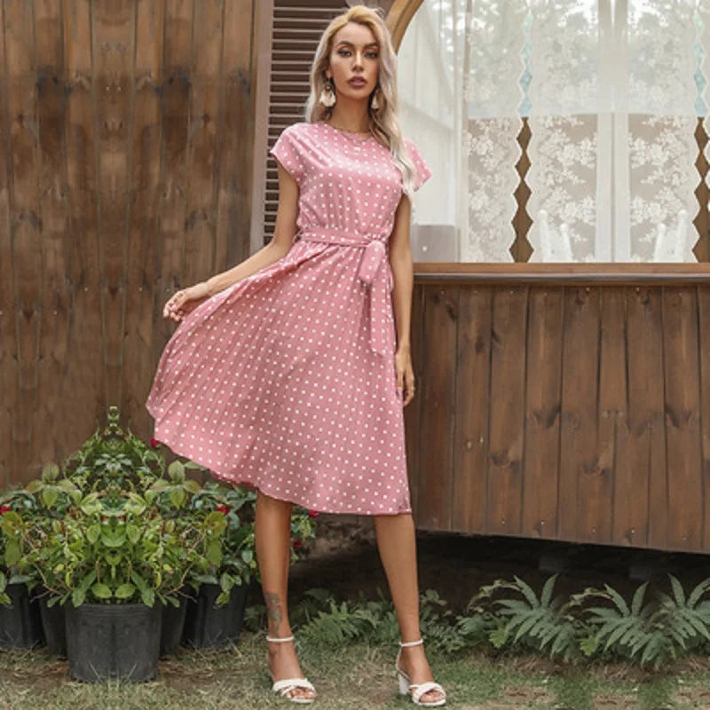 Polka Dot Pleated High Waist Office Midi Dress