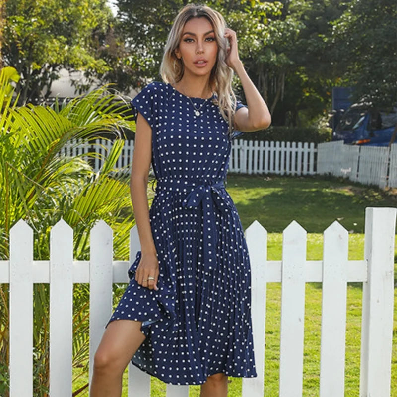 Polka Dot Pleated High Waist Office Midi Dress