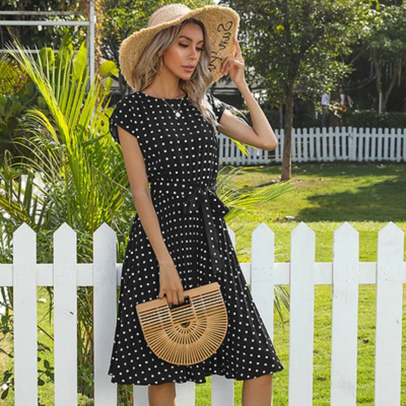 Polka Dot Pleated High Waist Office Midi Dress