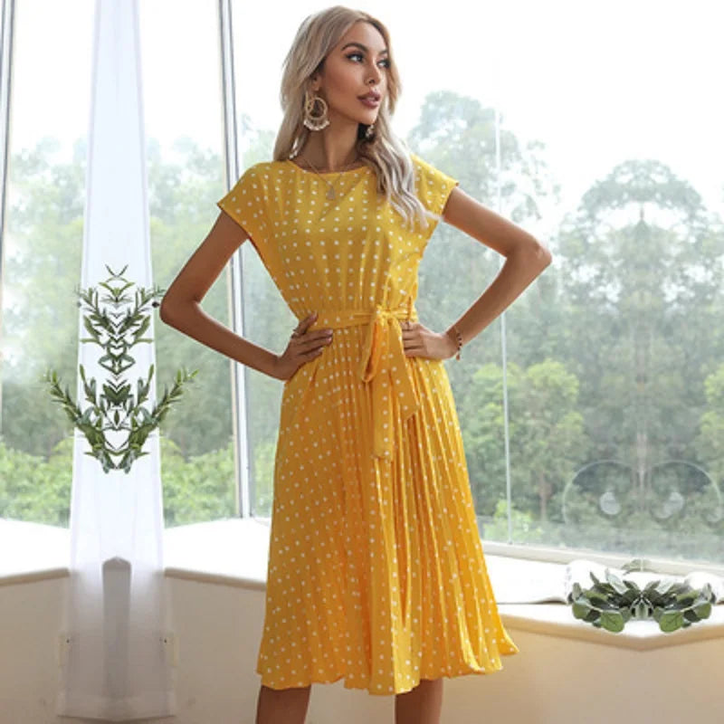 Polka Dot Pleated High Waist Office Midi Dress