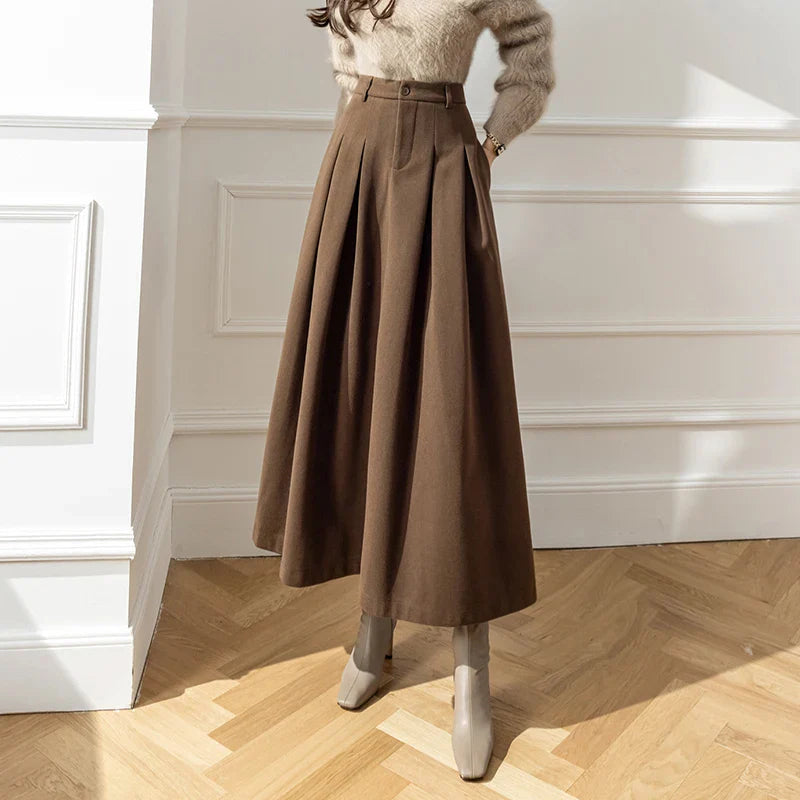 Woolen High Waist Ball Gown Pleated Long Skirt