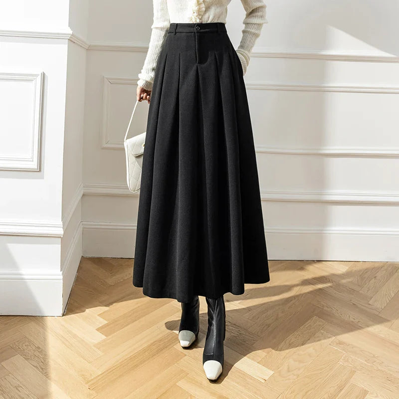 Woolen High Waist Ball Gown Pleated Long Skirt