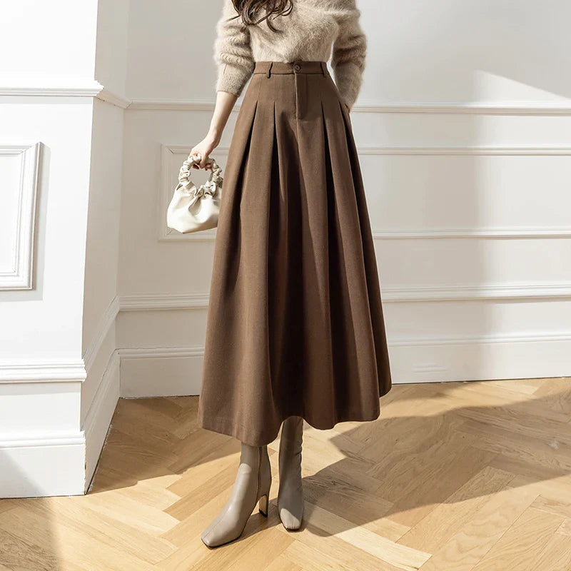 Woolen High Waist Ball Gown Pleated Long Skirt