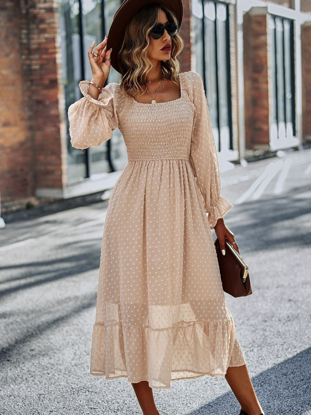 Lace Ruffled Square Neck Chic Midi Dress
