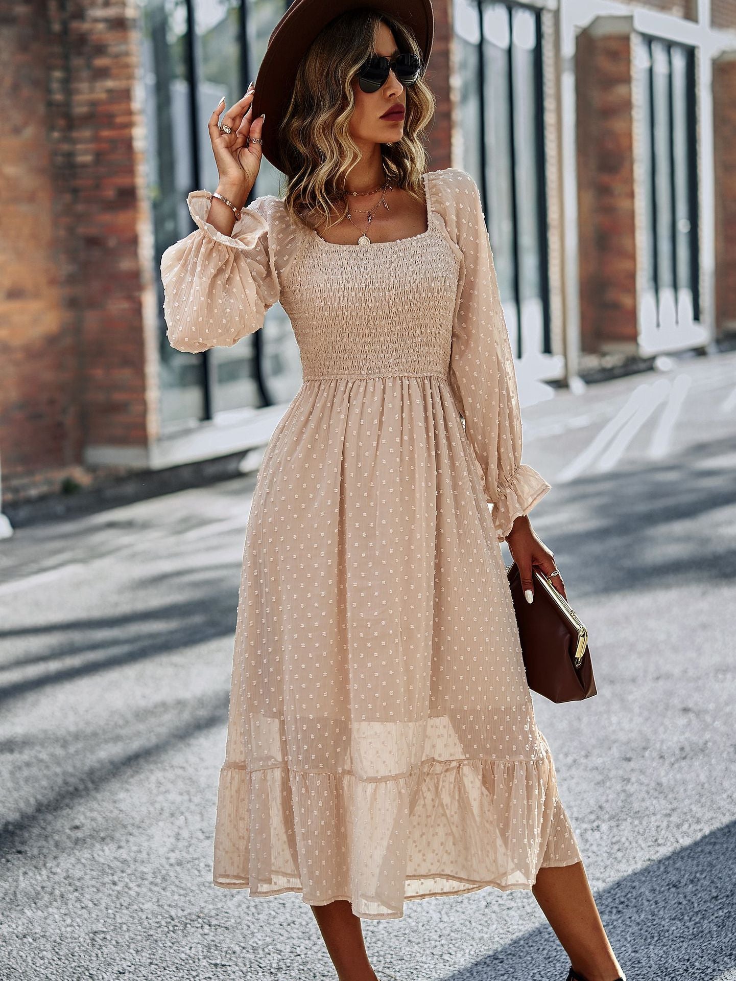 Lace Ruffled Square Neck Chic Midi Dress