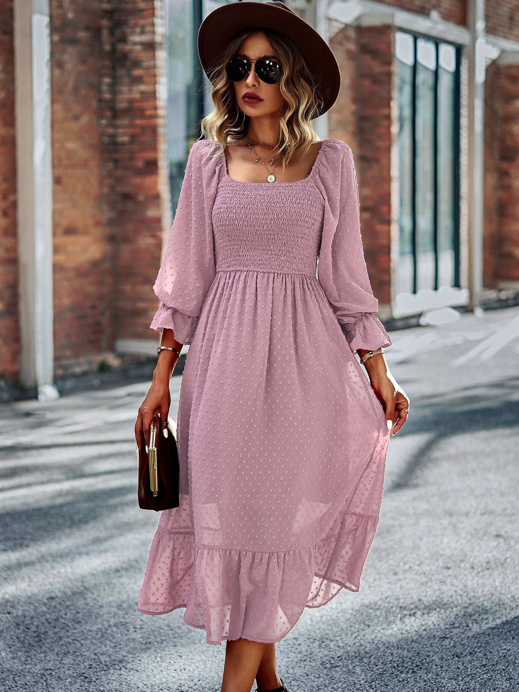 Lace Ruffled Square Neck Chic Midi Dress