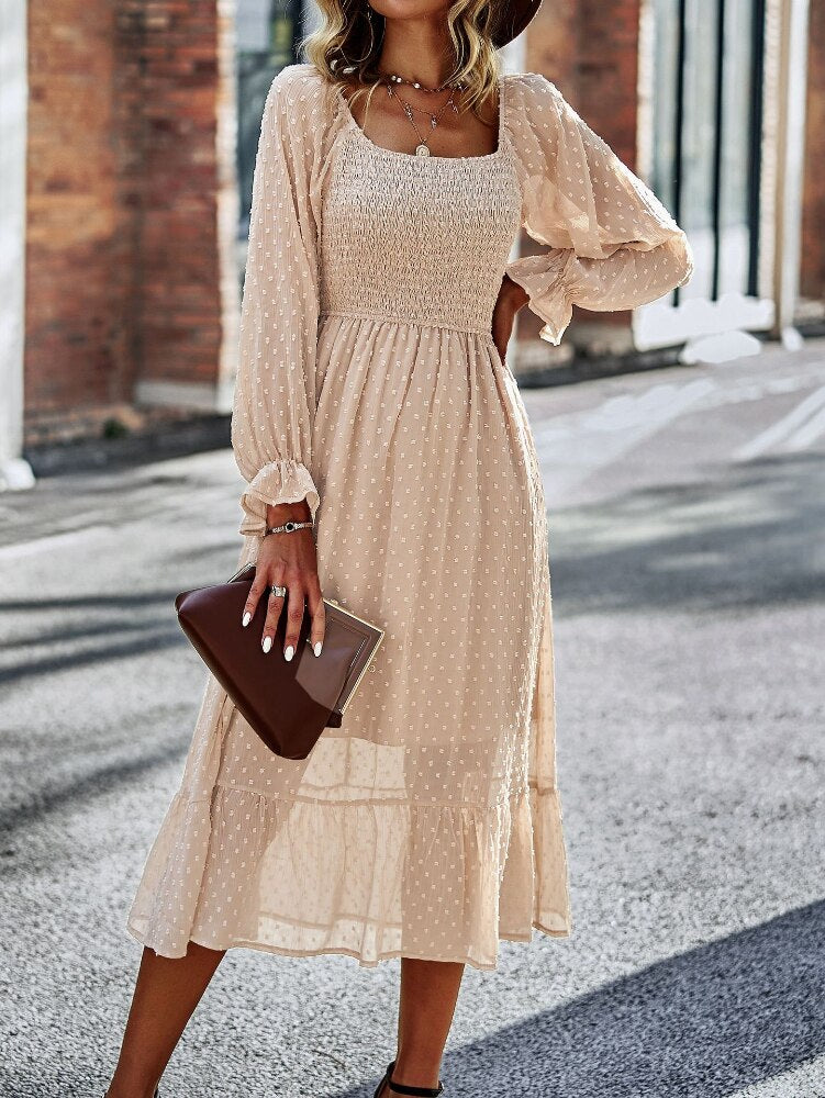 Lace Ruffled Square Neck Chic Midi Dress