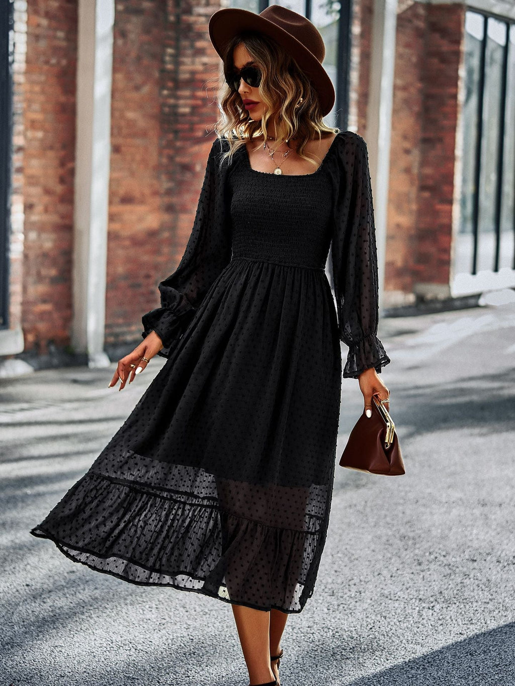 Lace Ruffled Square Neck Chic Midi Dress