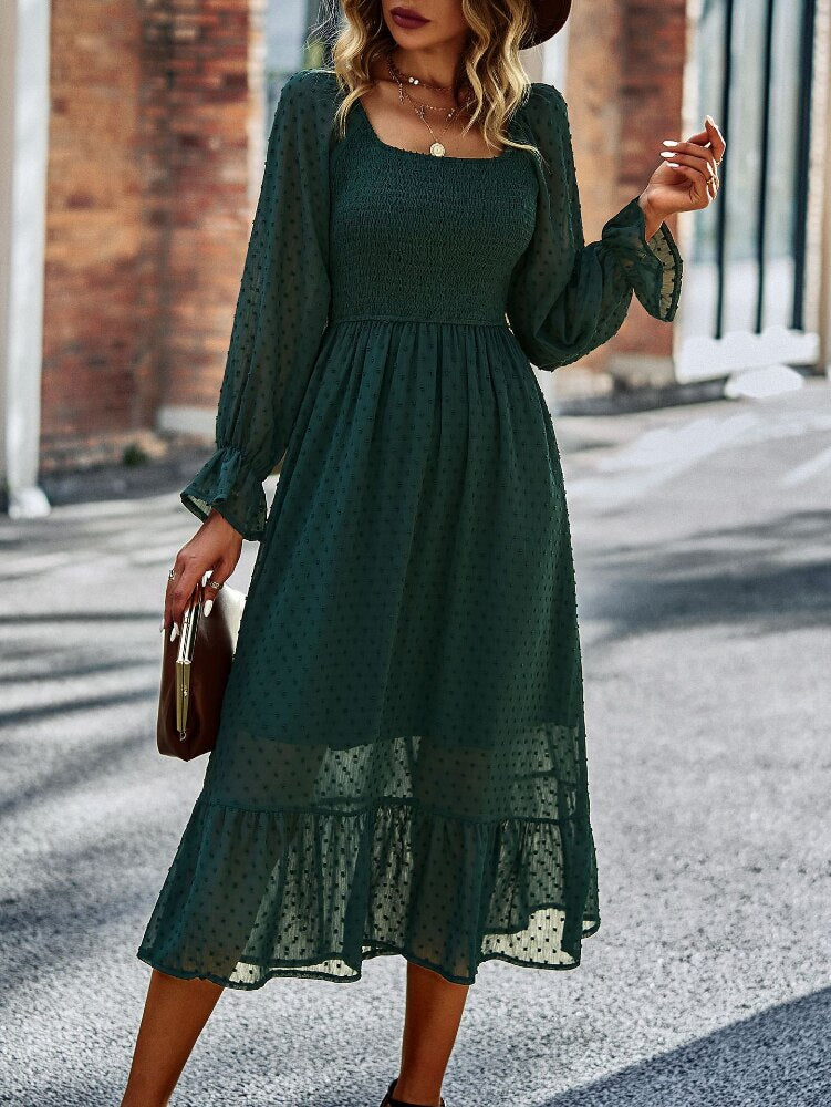 Lace Ruffled Square Neck Chic Midi Dress