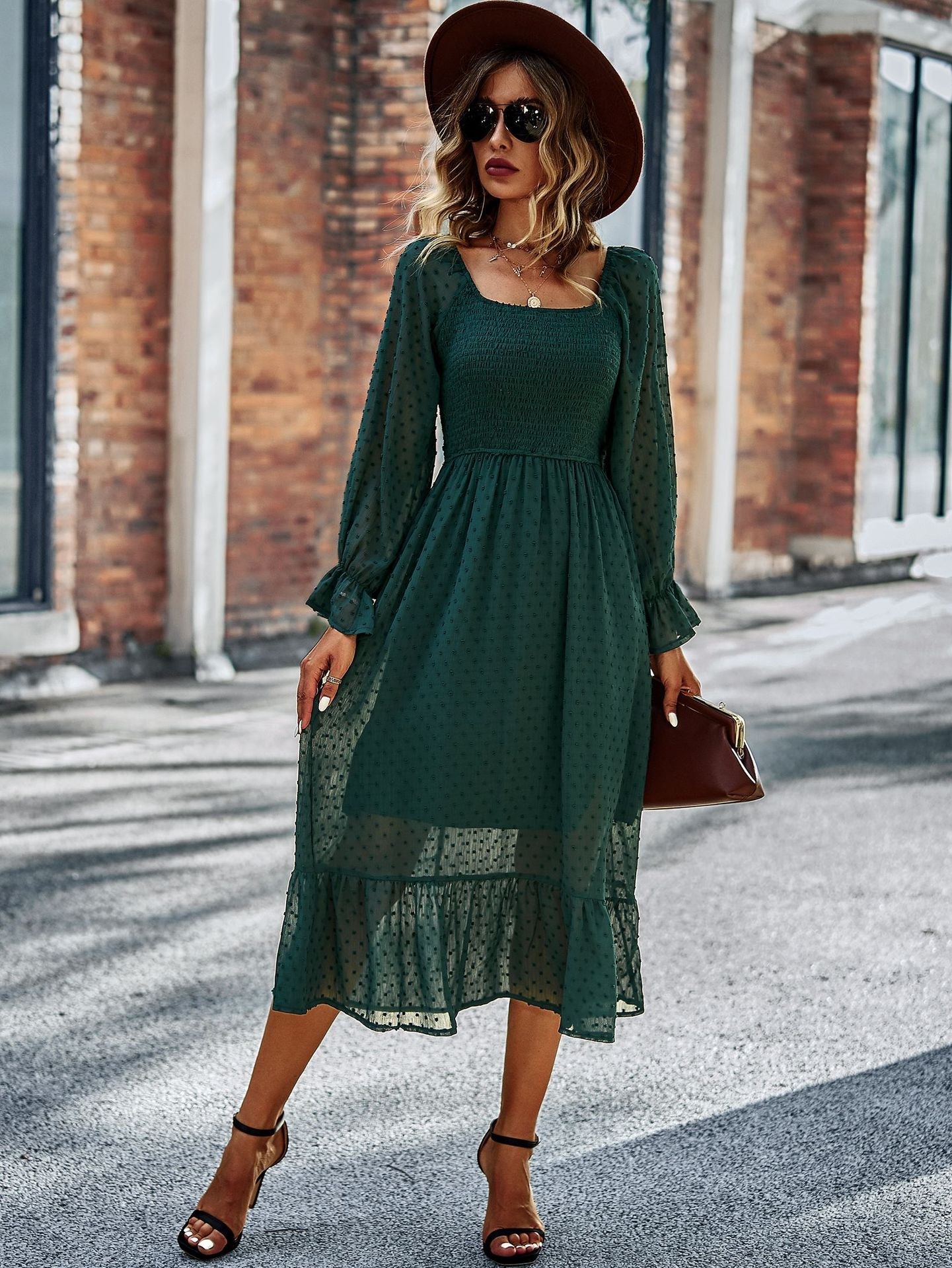 Lace Ruffled Square Neck Chic Midi Dress
