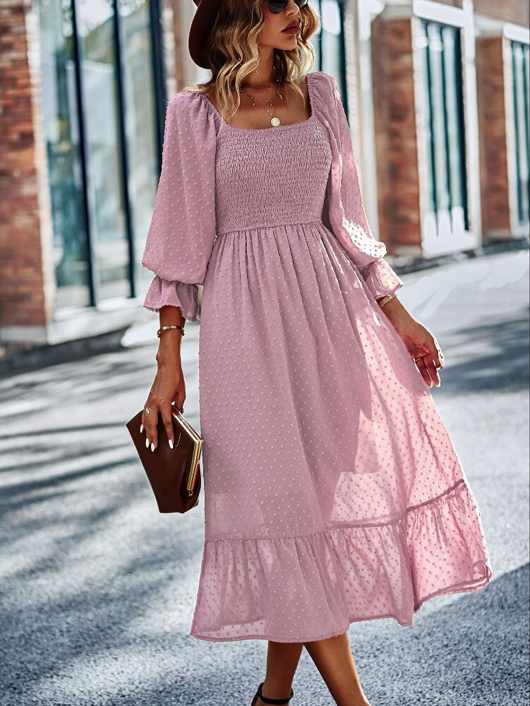 Lace Ruffled Square Neck Chic Midi Dress