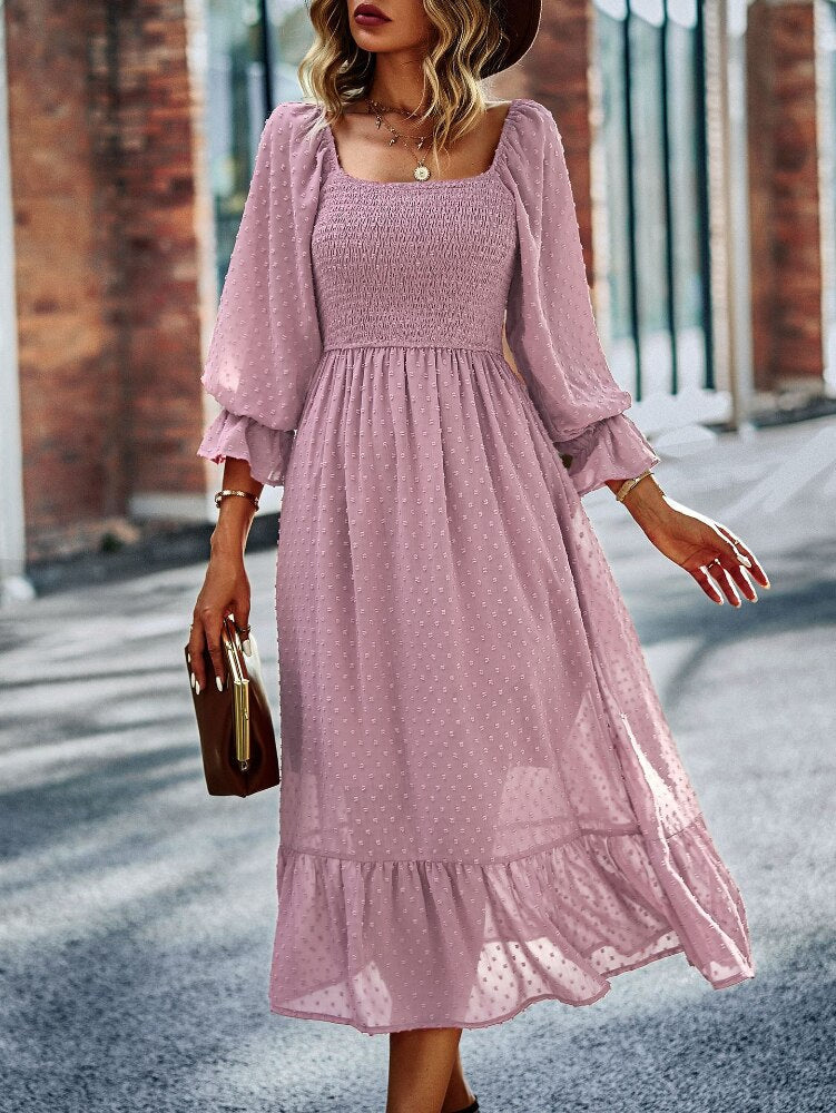 Lace Ruffled Square Neck Chic Midi Dress