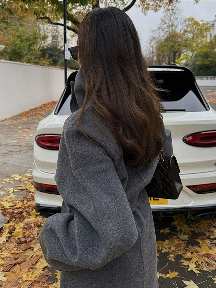 Grey High Collar Long Wool Coat