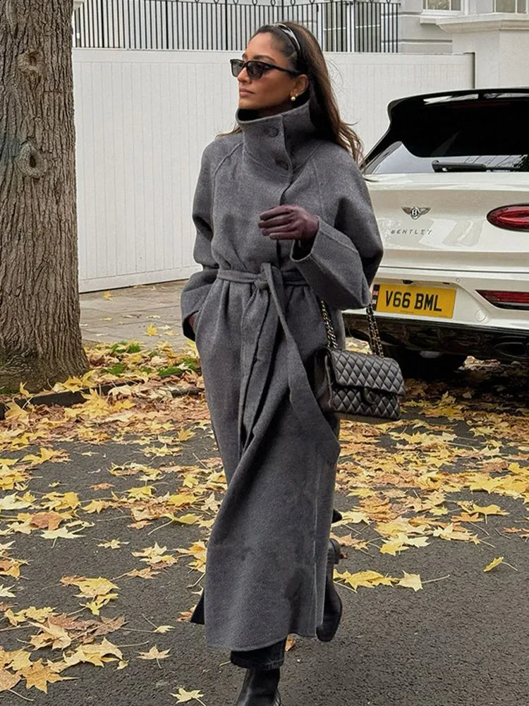 Grey High Collar Long Wool Coat