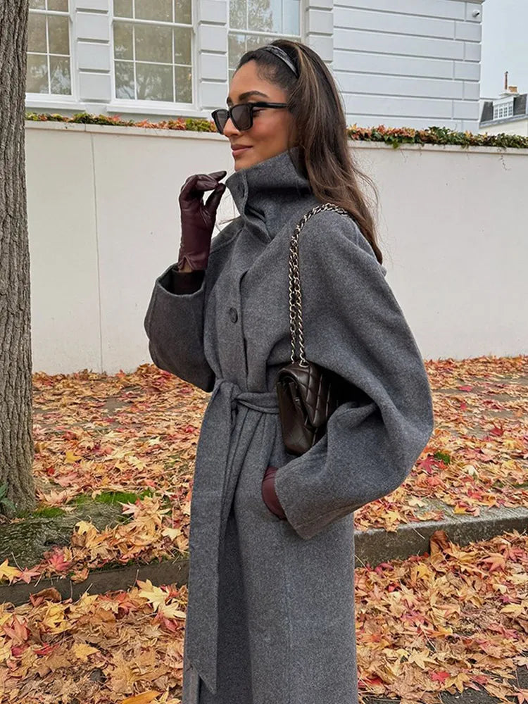 Grey High Collar Long Wool Coat
