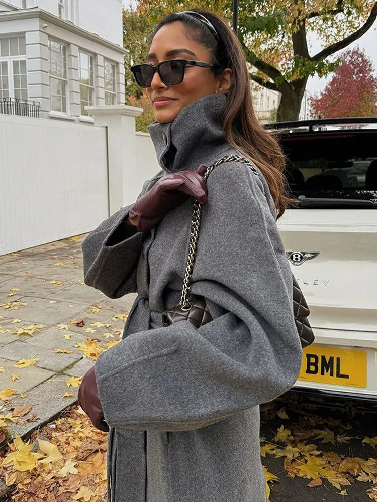 Grey High Collar Long Wool Coat