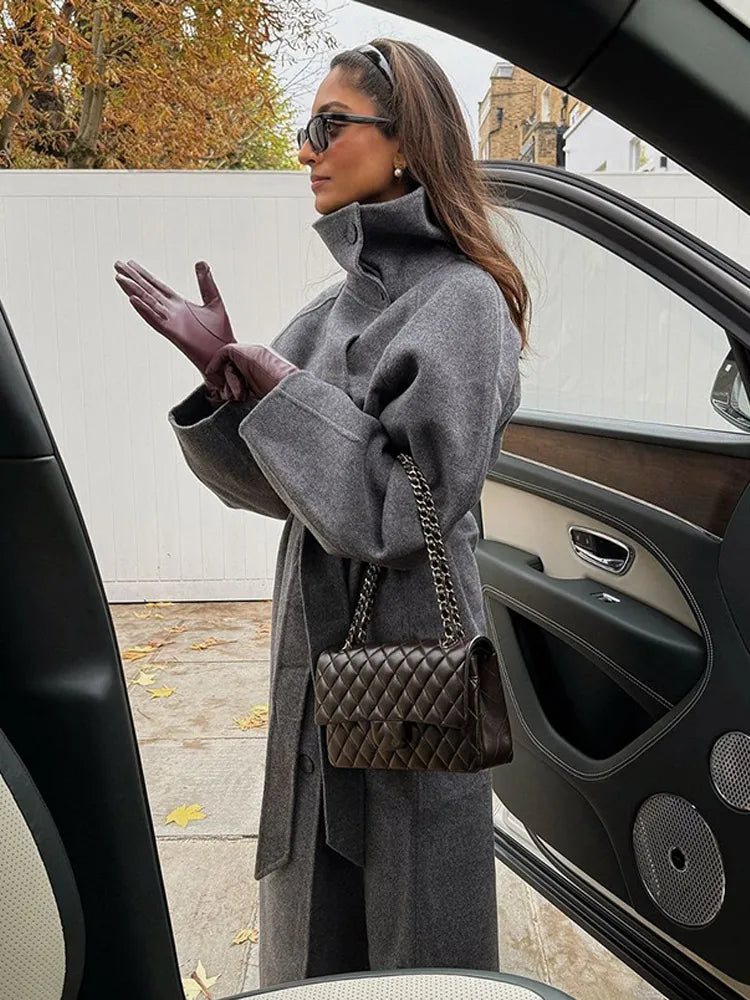 Grey High Collar Long Wool Coat