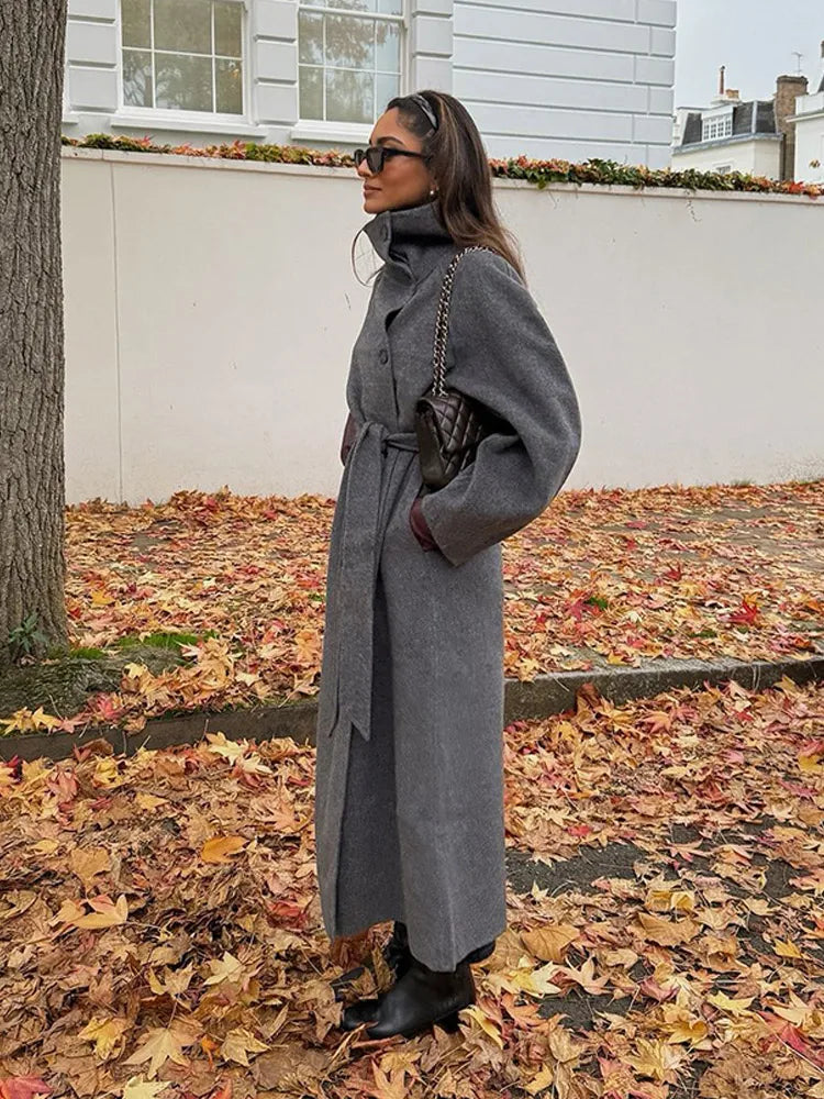 Grey High Collar Long Wool Coat