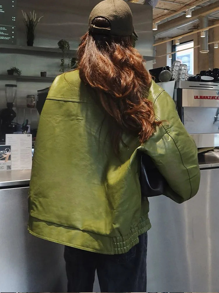 Avocado Green Button Leather Coat