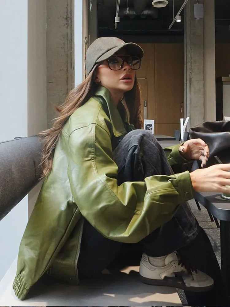 Avocado Green Button Leather Coat