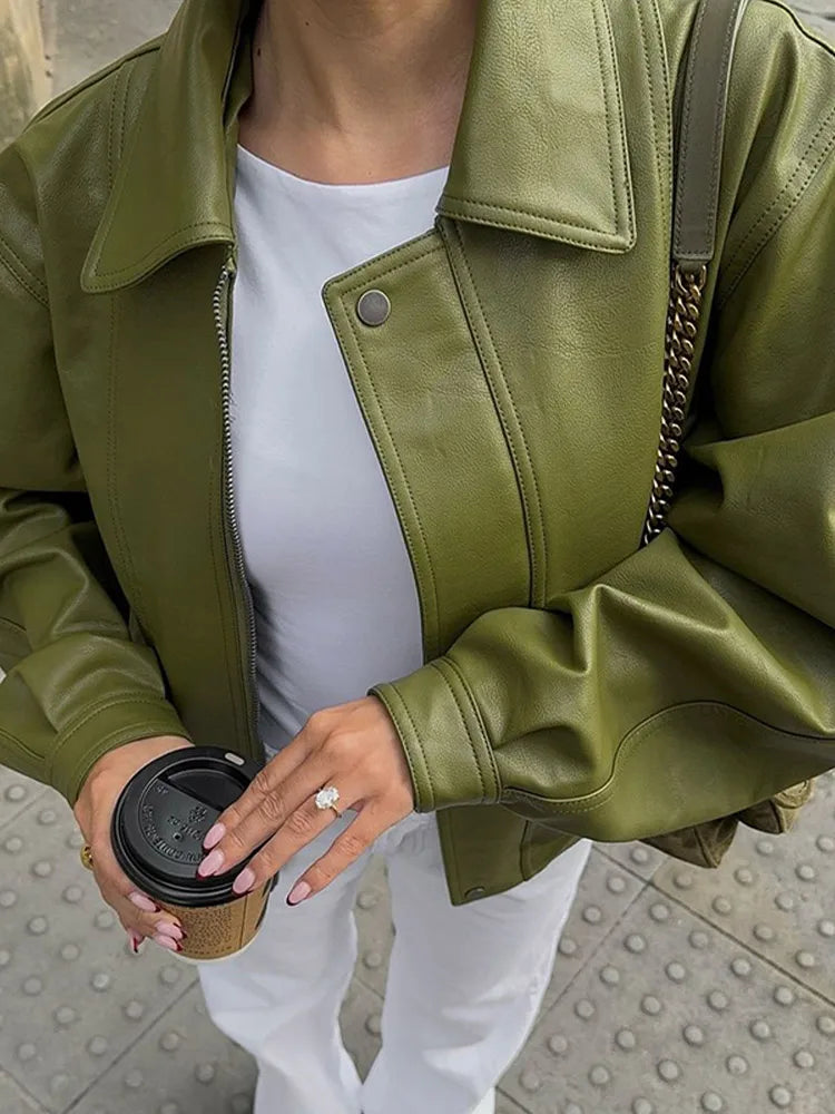 Avocado Green Button Leather Coat