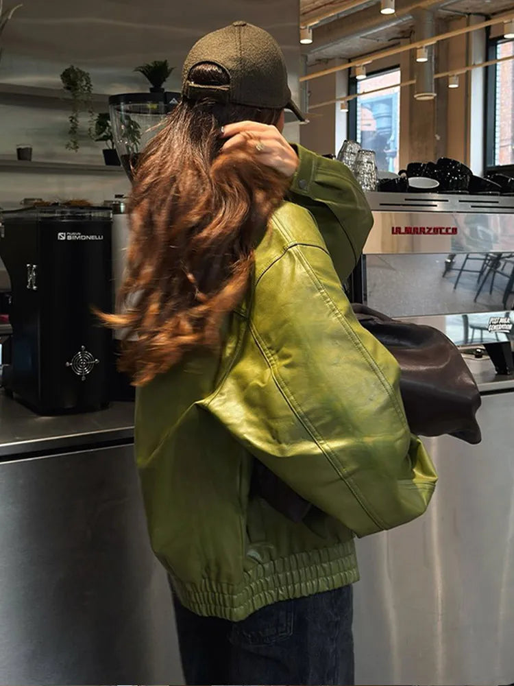 Avocado Green Button Leather Coat
