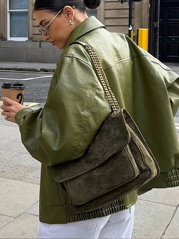 Avocado Green Button Leather Coat