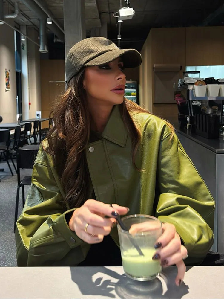 Avocado Green Button Leather Coat
