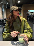 Avocado Green Button Leather Coat