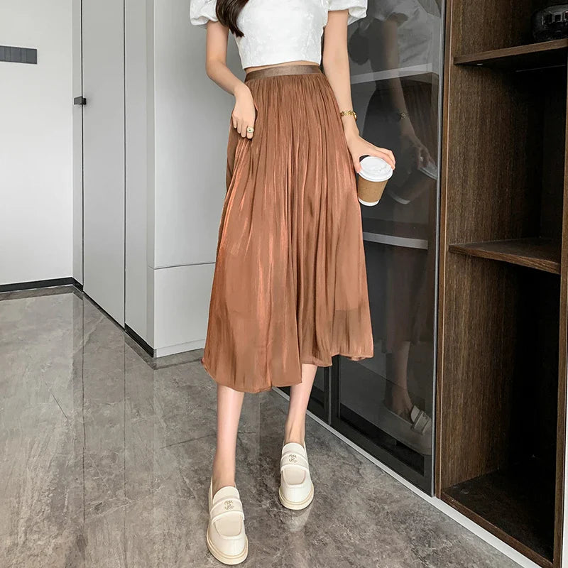 Tulle Solid Color Elastic High Waist Pleated Skirt