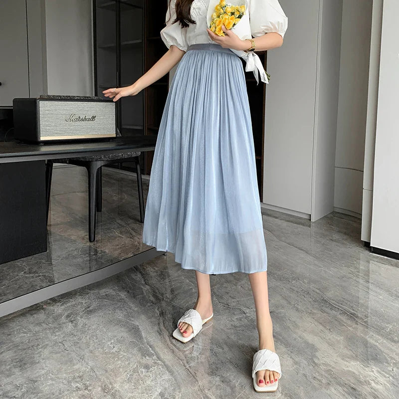 Tulle Solid Color Elastic High Waist Pleated Skirt
