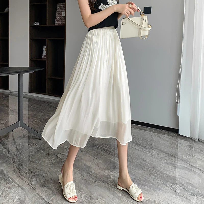 Tulle Solid Color Elastic High Waist Pleated Skirt