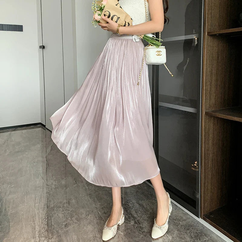Tulle Solid Color Elastic High Waist Pleated Skirt