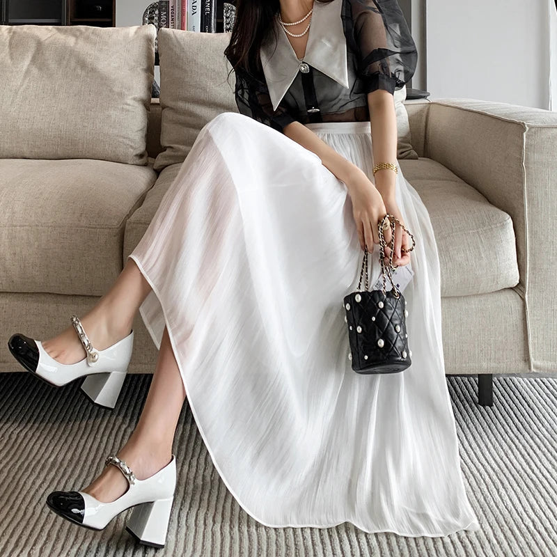 Tulle Solid Color Elastic High Waist Pleated Skirt